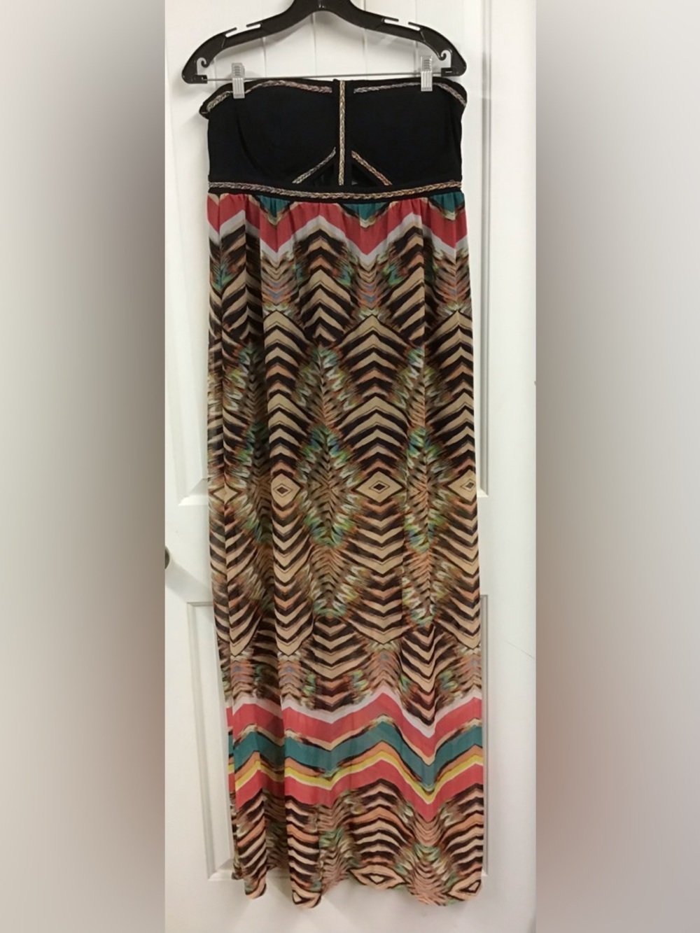 love, Fire Strapless Chevron Print Maxi Dress in Black, Brown & Coral size Large